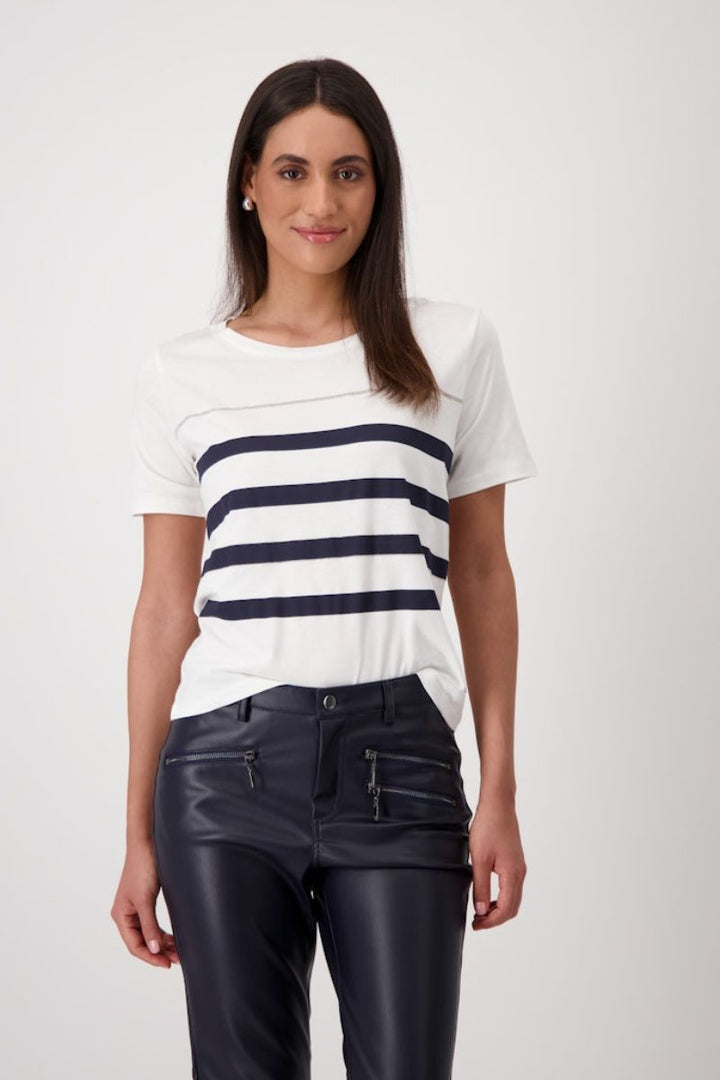 Woman wearing Monari stripe T-shirt with metallic detail style 409152MNR front