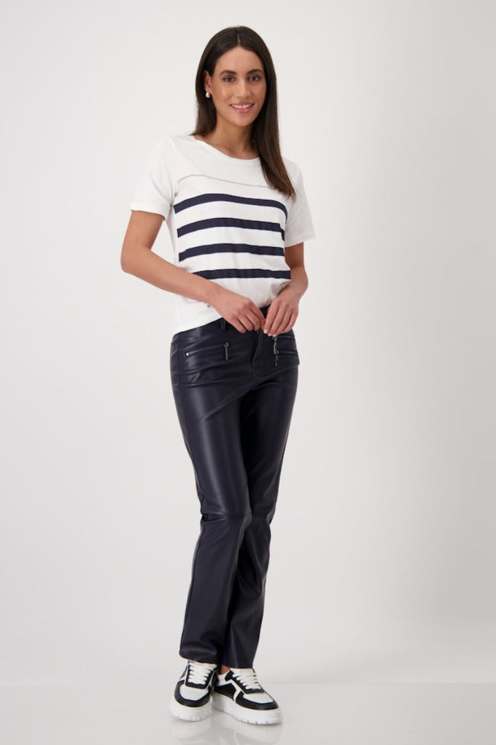Woman wearing Monari stripe T-shirt with metallic detail style 409152MNR styled