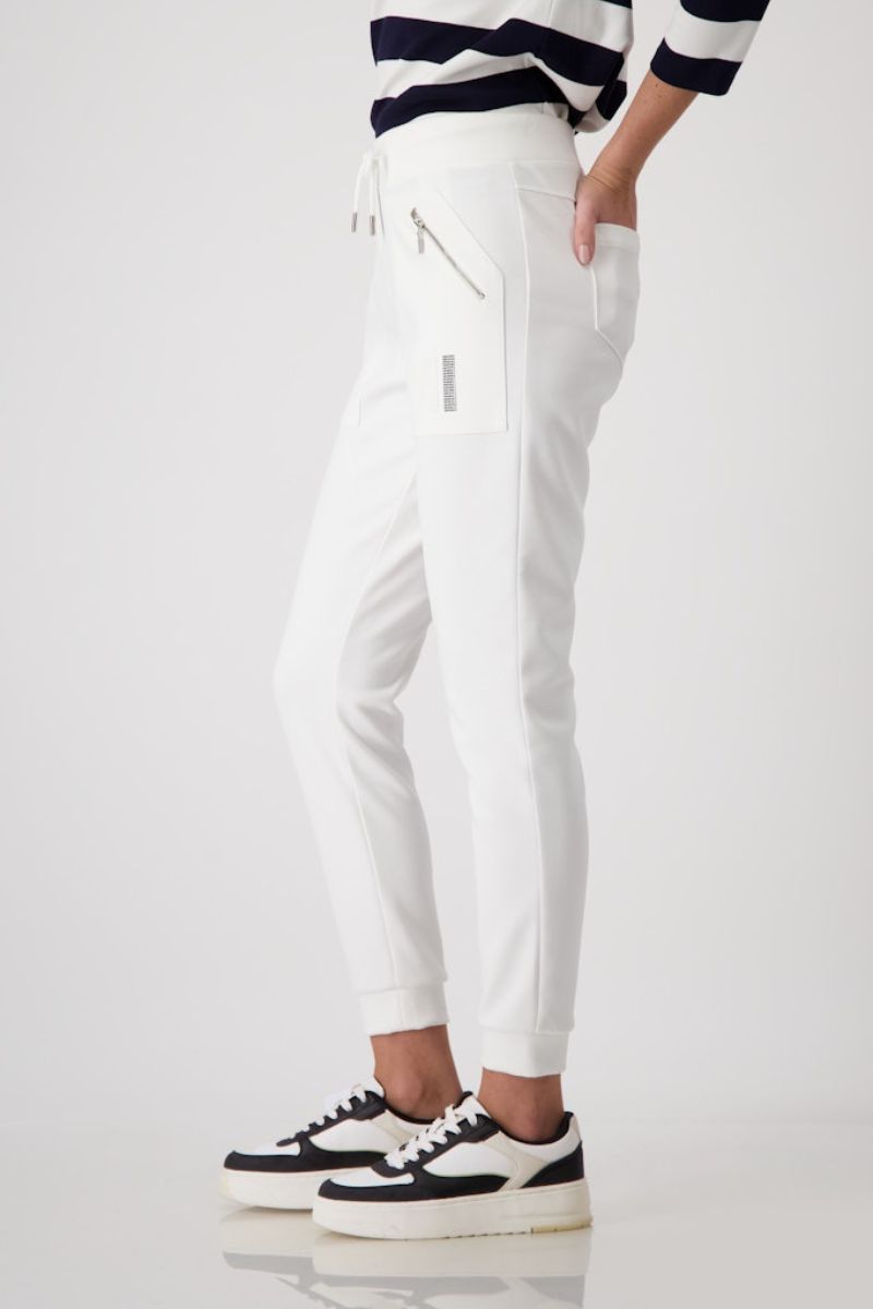 Woman wearing Monari sweat pant in off white style 409210MNR side