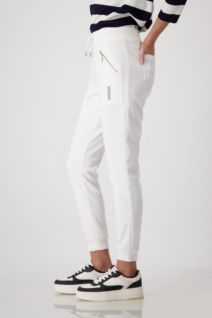 Woman wearing Monari sweat pant in off white style 409210MNR side