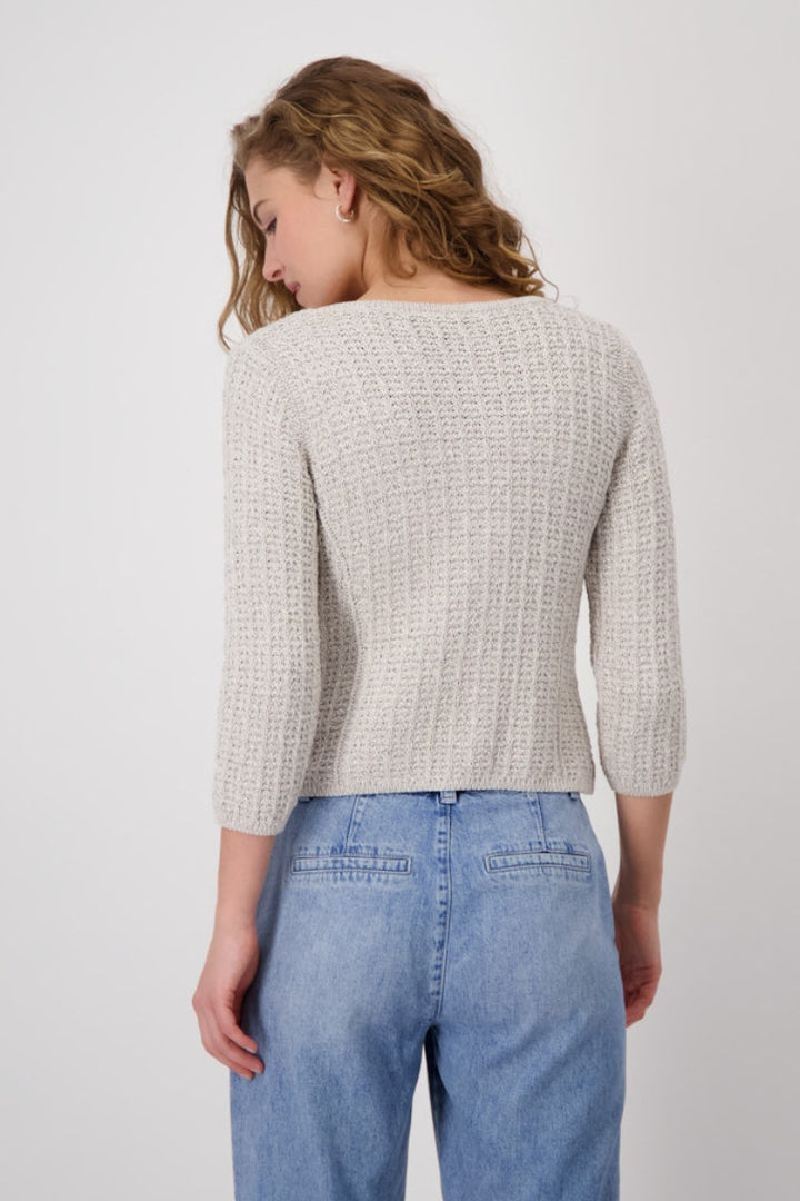 Woman wearing Monari tweed knit jacket in warm sand style 409286MNR back
