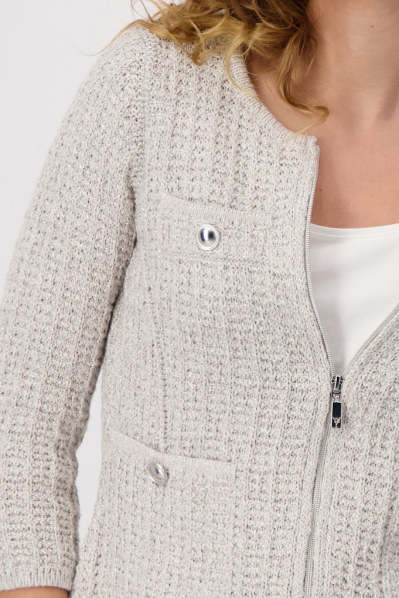 Woman wearing Monari tweed knit jacket in warm sand style 409286MNR closeup