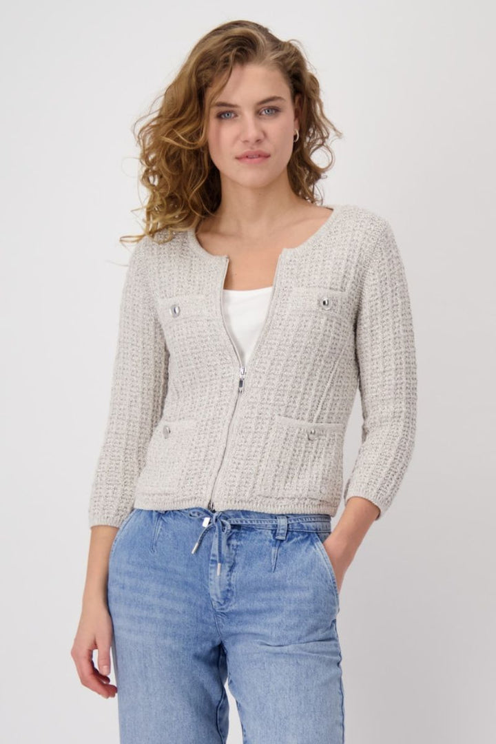 Woman wearing Monari tweed knit jacket in warm sand style 409286MNR front