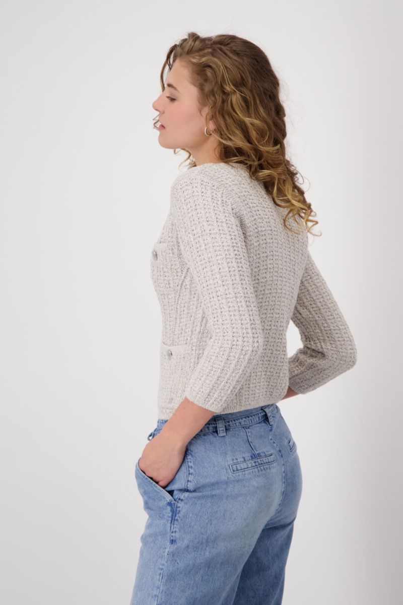 Woman wearing Monari tweed knit jacket in warm sand style 409286MNR side
