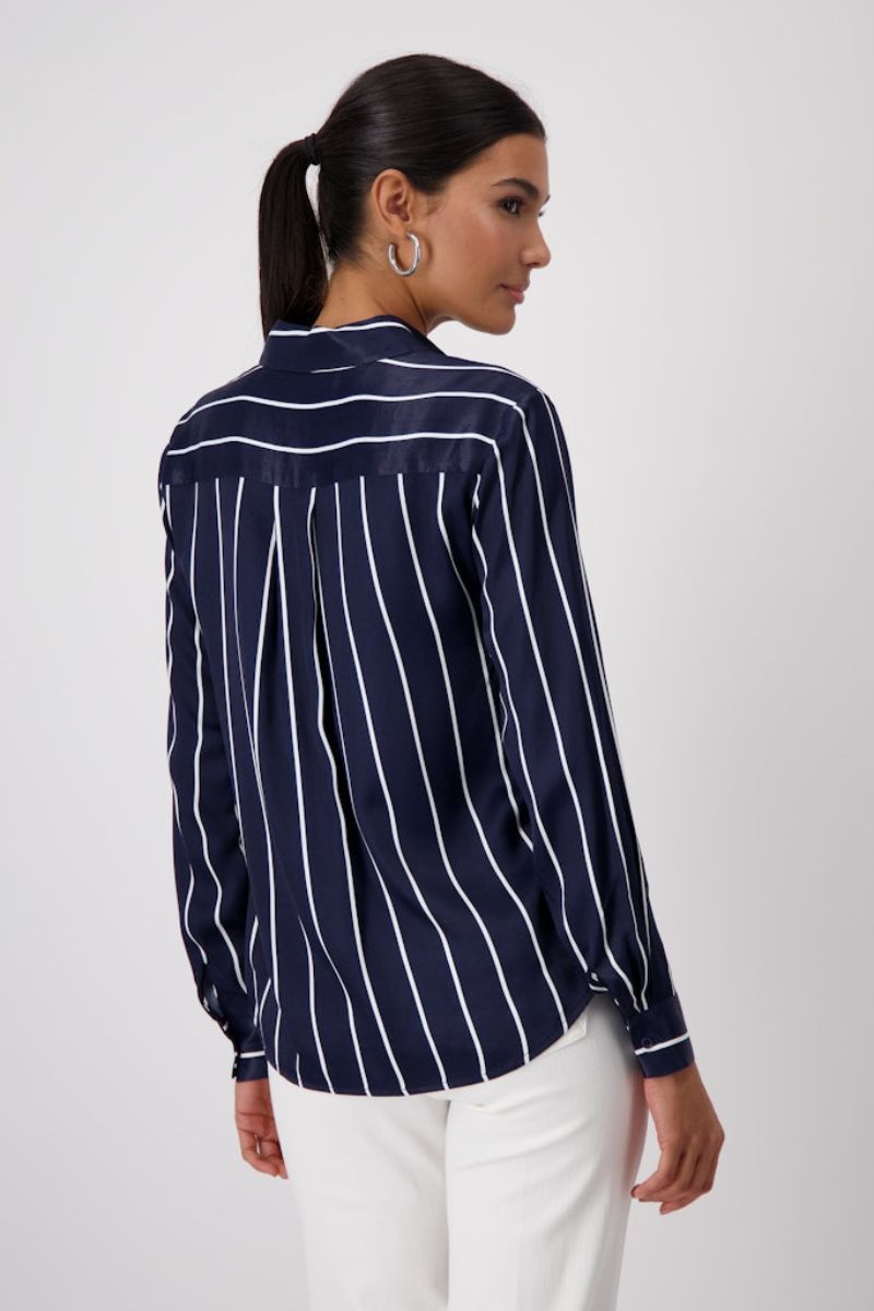 Woman wearing Monari striped satin blouse in ocean style 409358MNR back