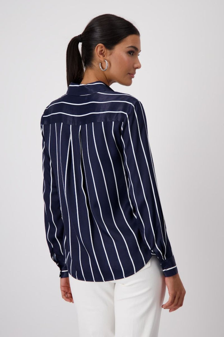 Woman wearing Monari striped satin blouse in ocean style 409358MNR back