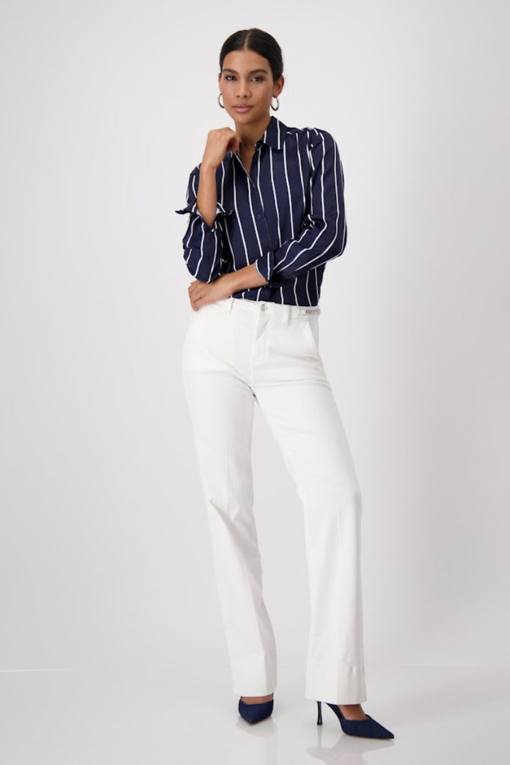 Woman wearing Monari striped satin blouse in ocean style 409358MNR front