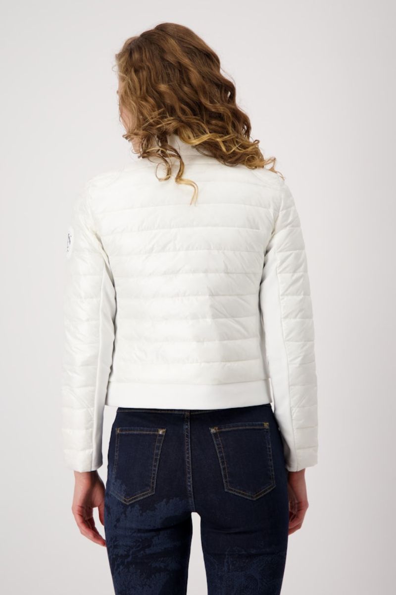 Woman wearing Monari quilted neoprene jacket in off white style 409367MNR back