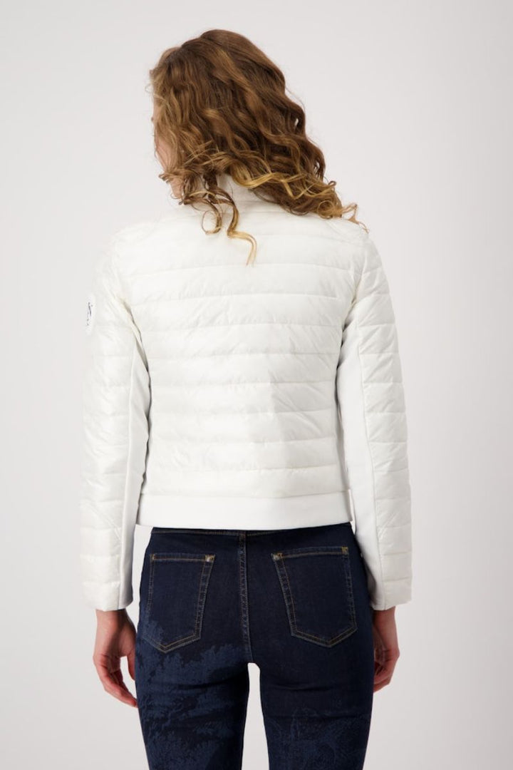 Woman wearing Monari quilted neoprene jacket in off white style 409367MNR back