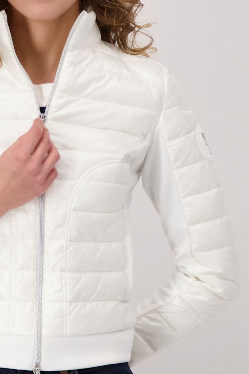 Woman wearing Monari quilted neoprene jacket in off white style 409367MNR closeup
