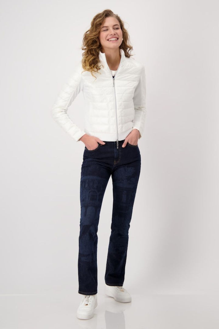 Woman wearing Monari quilted neoprene jacket in off white style 409367MNR front