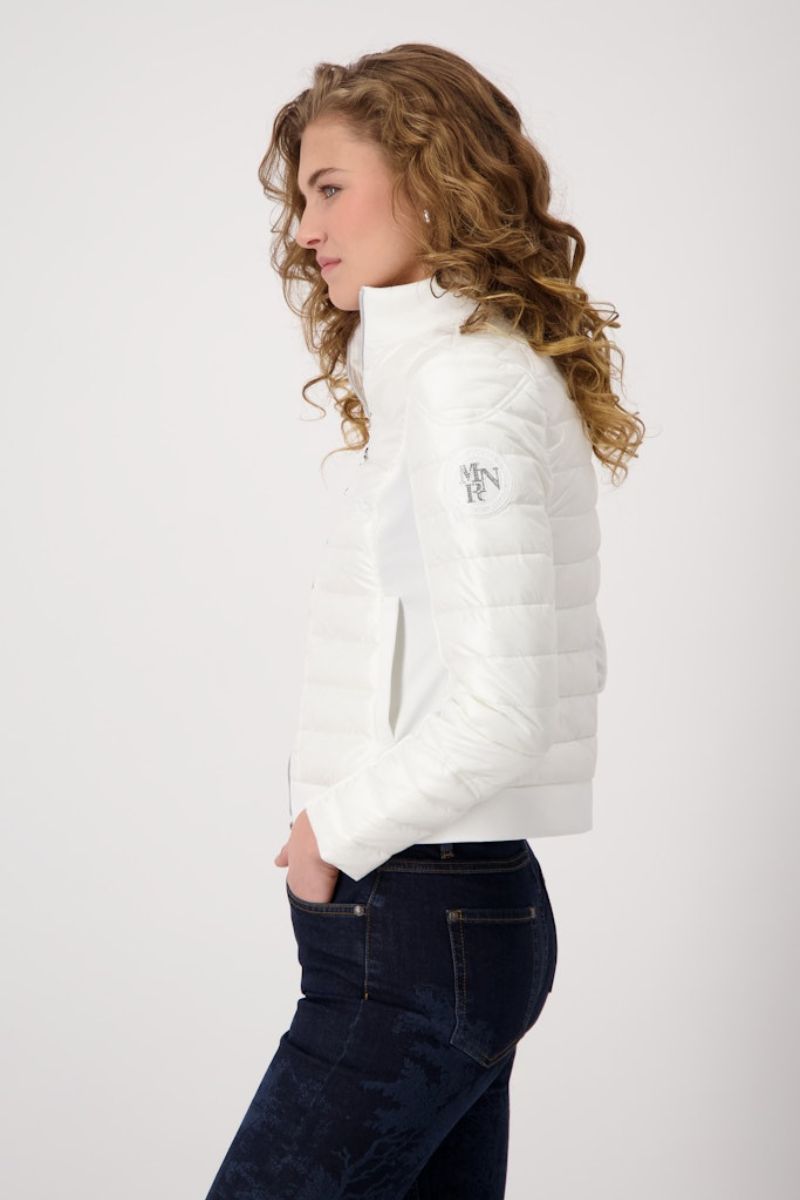 Woman wearing Monari quilted neoprene jacket in off white style 409367MNR side