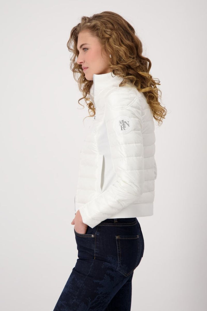 Woman wearing Monari quilted neoprene jacket in off white style 409367MNR side