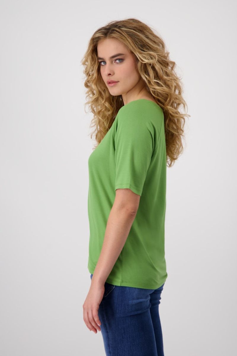 Woman wearing Monari T-shirt in avocado style 409372MNR side