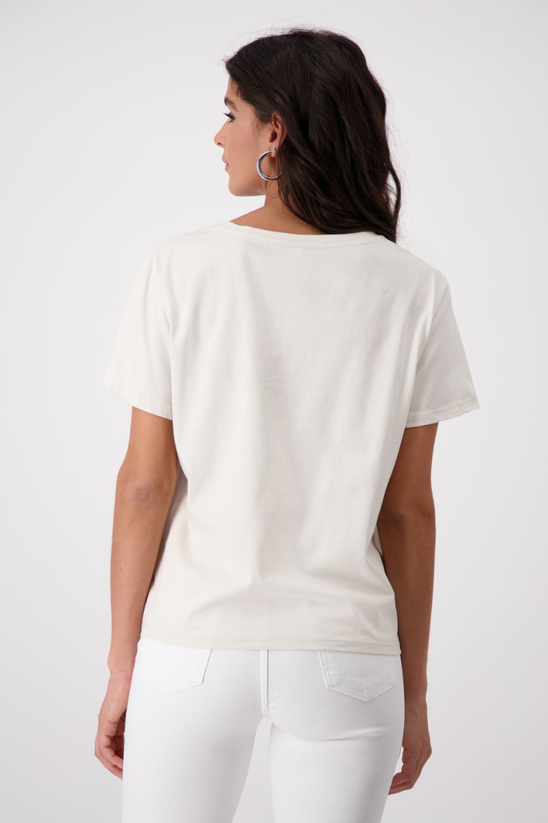 Woman wearing Monari 408608 Rhinestone Photo Print Cotton T-Shirt in White back view