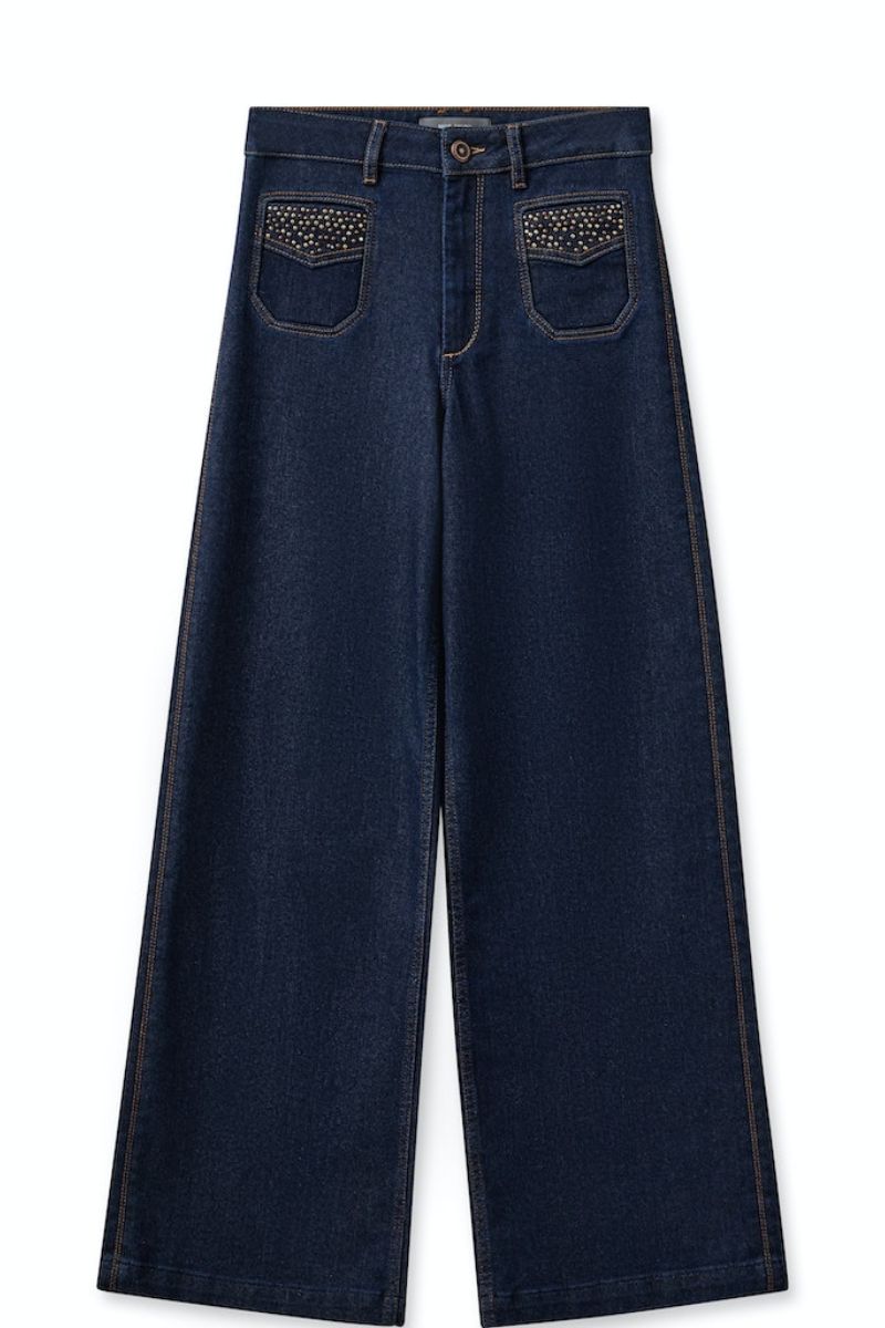 Detail of Colette Axelia jeans in Dark Blue by Mos Mosh stud pockets