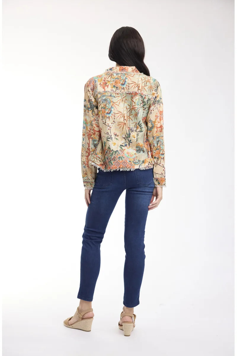 Woman wearing Orientique Gordes Fringe Jacket 23171 in Main Print, back view