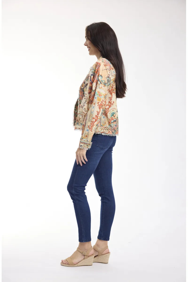 Woman wearing Orientique Gordes Fringe Jacket 23171 in Main Print, side view