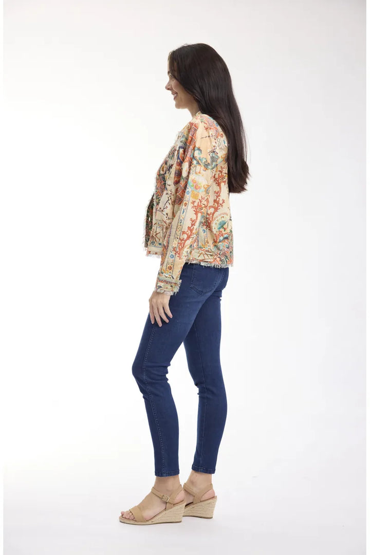 Woman wearing Orientique Gordes Fringe Jacket 23171 in Main Print, side view