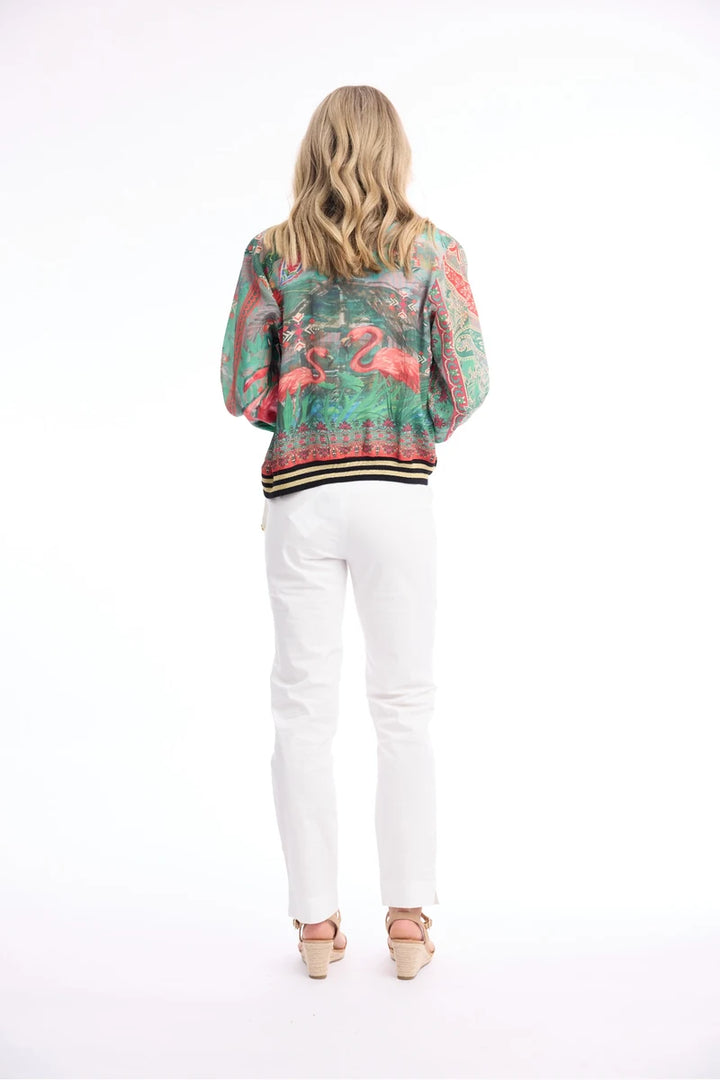 Woman wearing Orientique Digital Printed Jacket in Flamengo 82005 back view with tropical print and ribbed hem