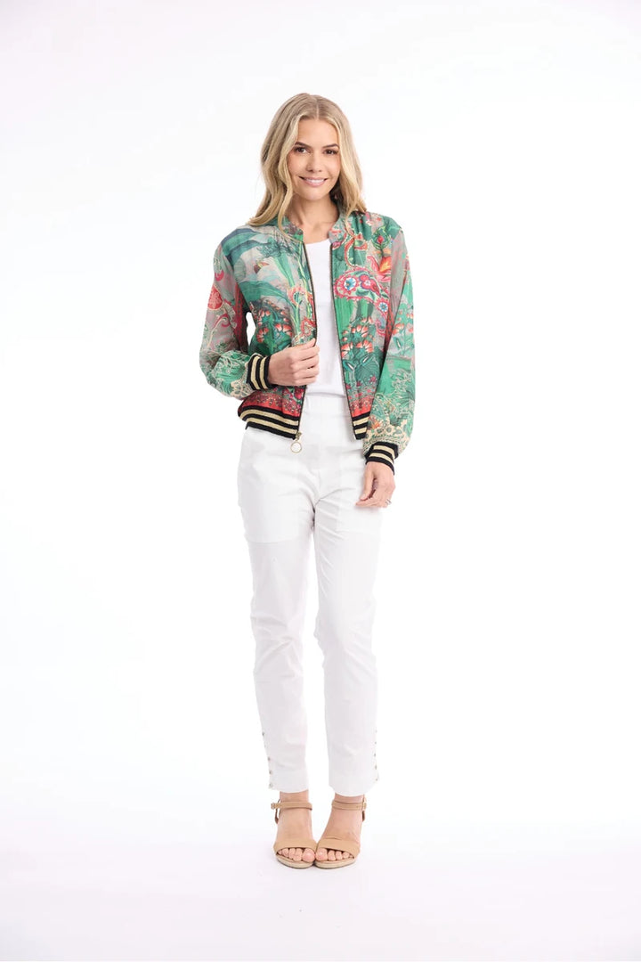 Woman wearing Orientique Digital Printed Jacket in Flamengo 82005 front view showing zipper, ring pull and striped ribbed trims