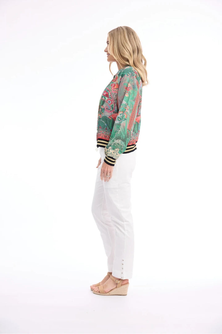 Woman wearing Orientique Digital Printed Jacket in Flamengo 82005 side view showing long sleeves and waist-length bomber shape