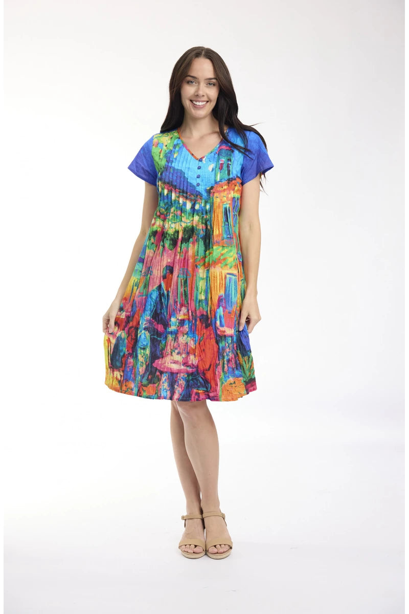 Woman wearing Orientique Easy Fit Dress French Restaurant 21883F studio front view showing A-line shape and short sleeves