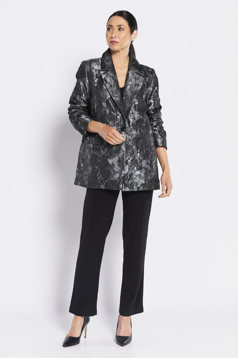 Woman wearing Bordeaux blazer in pewter by Philosophy full outfit
