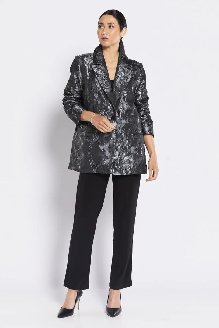 Woman wearing Bordeaux blazer in pewter by Philosophy full outfit