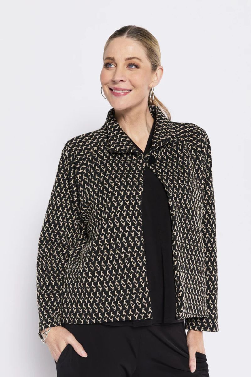 Woman wearing Buckingham Cropped Jacket in Black and Beige by Philosophy Australia closeup