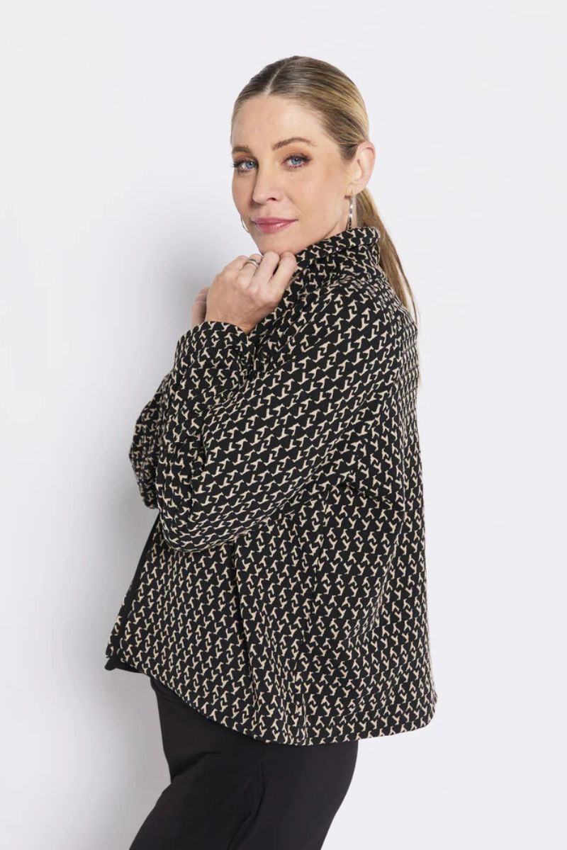 Woman wearing Buckingham Cropped Jacket in Black and Beige by Philosophy Australia side