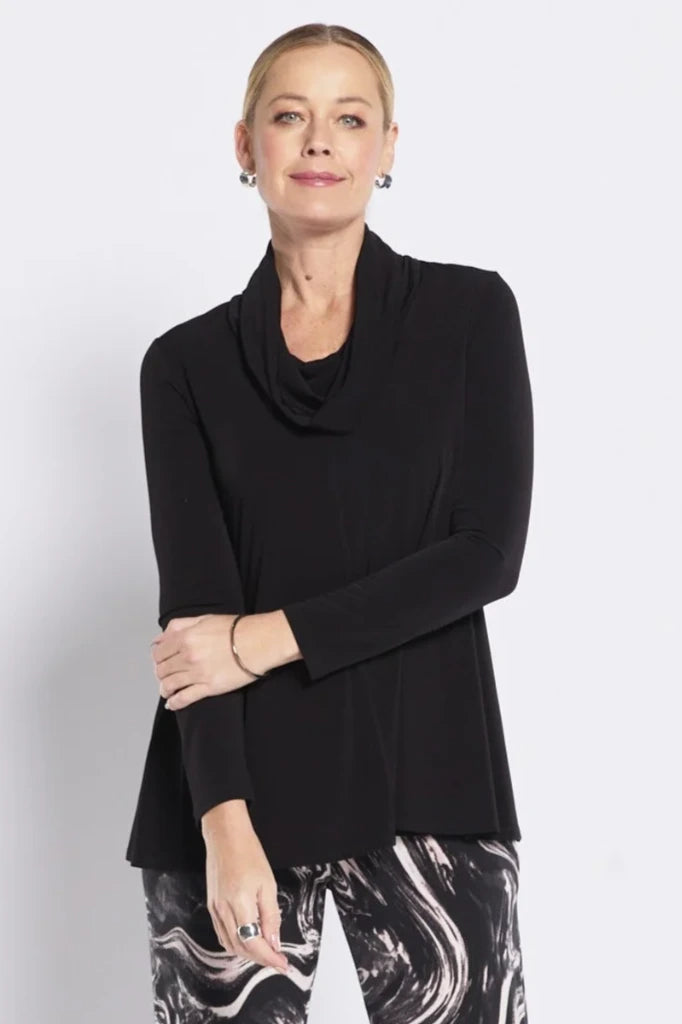 Woman wearing philosophy carmen w26 slinky jersey cowl swing tunic black