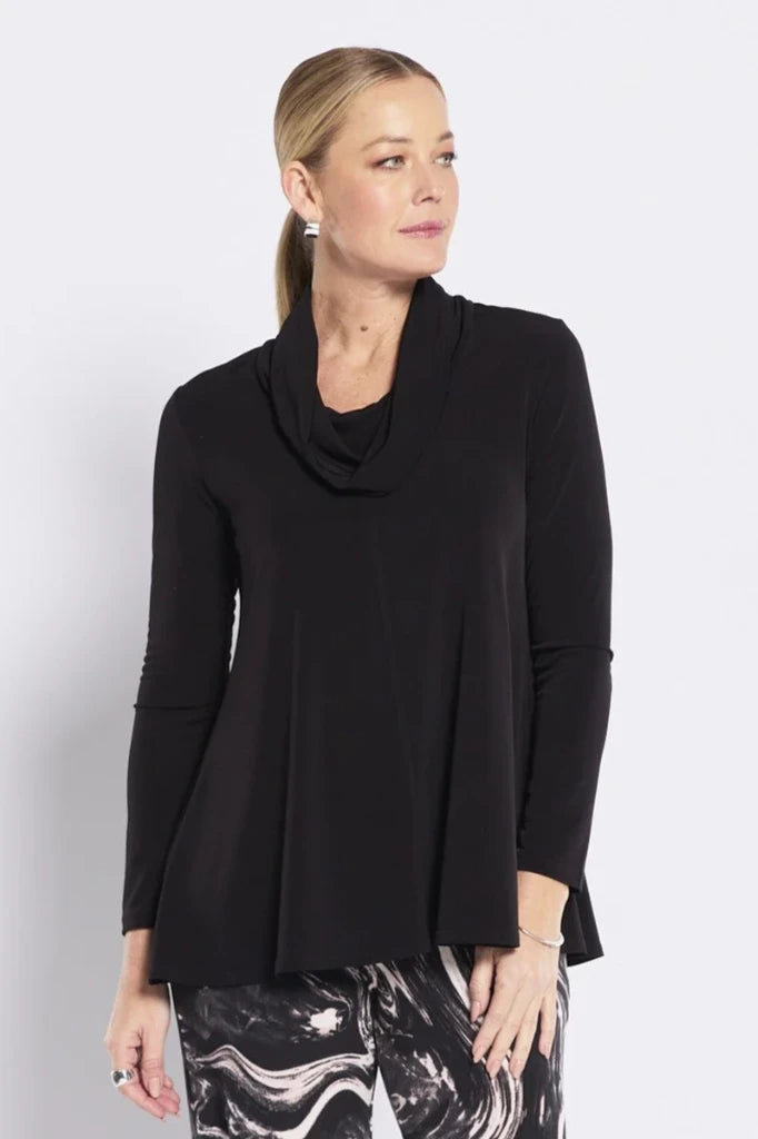 Woman wearing philosophy carmen w26 slinky jersey cowl swing tunic black detail