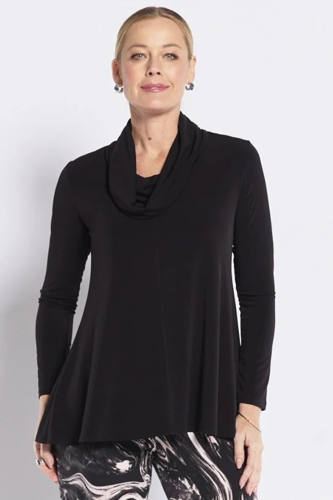 Woman wearing philosophy carmen w26 slinky jersey cowl swing tunic black front