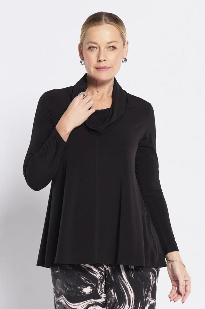 Woman wearing philosophy carmen w26 slinky jersey cowl swing tunic black full
