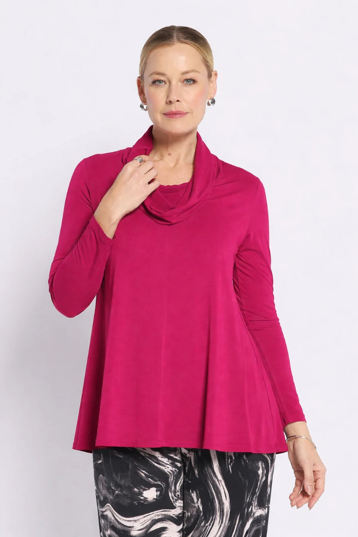 Woman wearing philosophy carmen w26 slinky jersey cowl swing tunic fuchsia detail