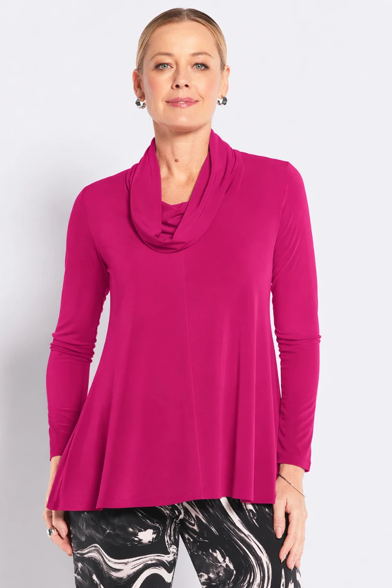 Woman wearing philosophy carmen w26 slinky jersey cowl swing tunic fuchsia front