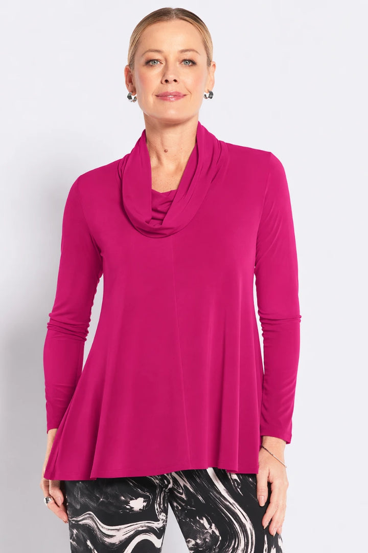 Woman wearing philosophy carmen w26 slinky jersey cowl swing tunic fuchsia front