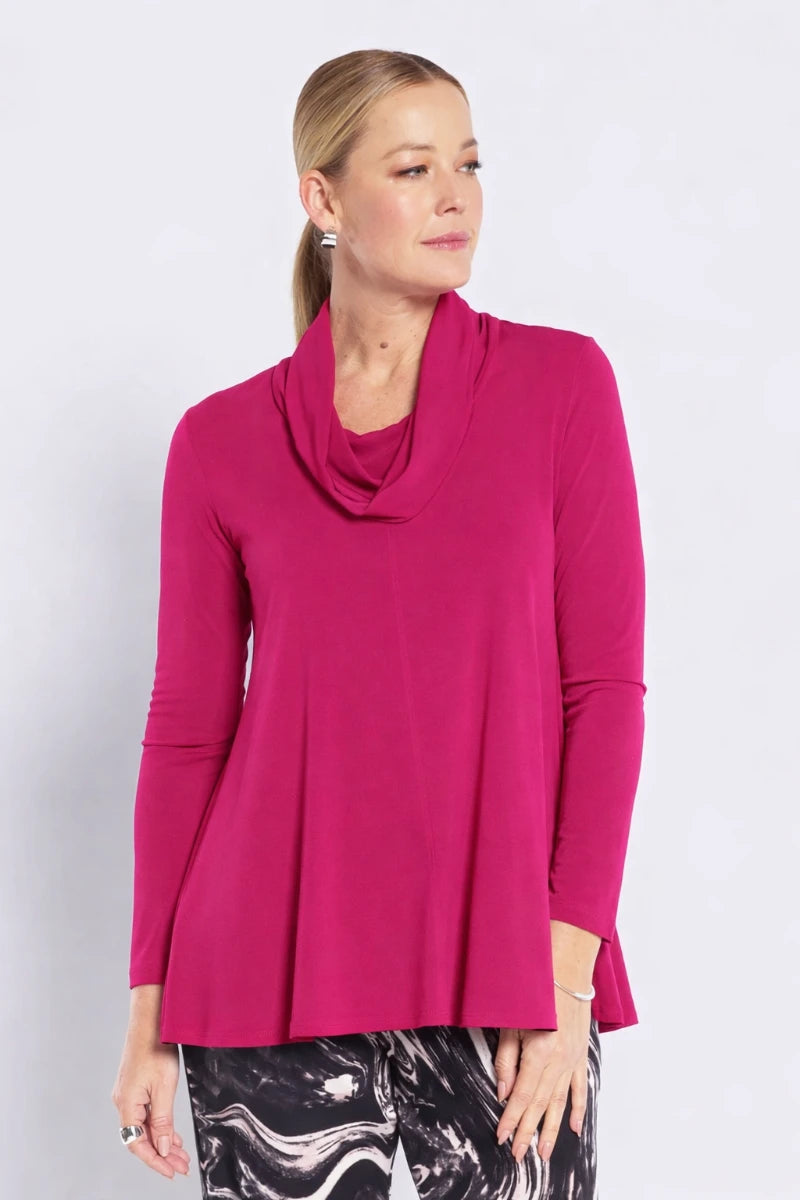 Woman wearing philosophy carmen w26 slinky jersey cowl swing tunic fuchsia full