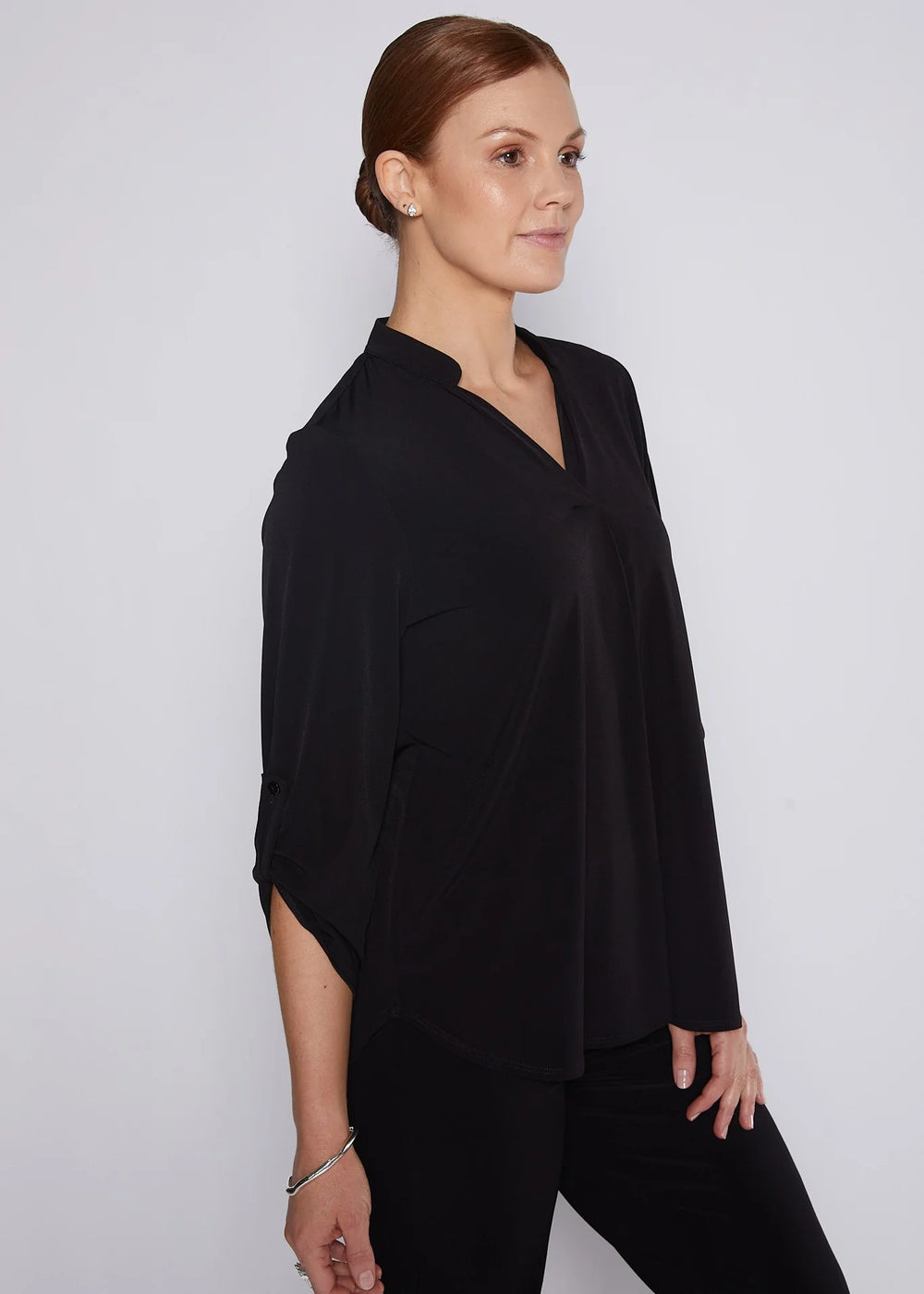 Woman wearing philosophy kafton w26 kafton foundation slinky jersey tunic black detail angle