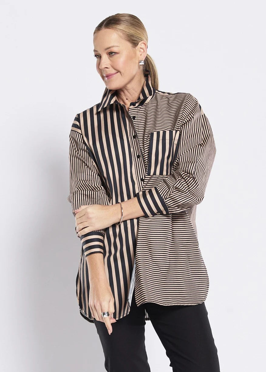 Port City Stretch Cotton Shirt in Praline Black Stripe by Philosophy