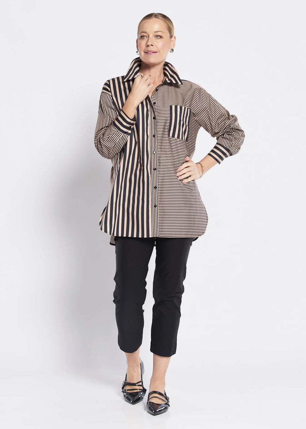 Woman wearing philosophy port w26 port city stretch cotton shirt praline black stripe full