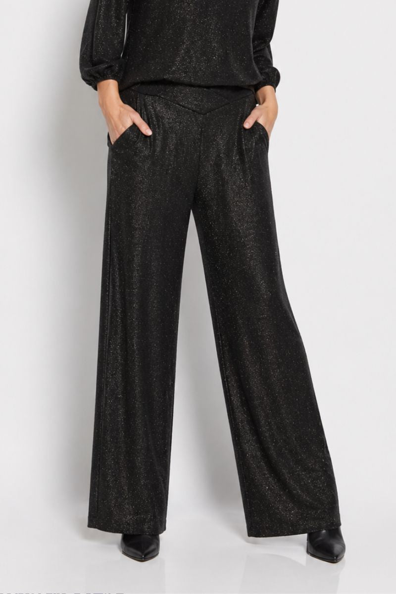 Woman wearing Zero Pant in Black Lurex by Philosophy Australia closeup