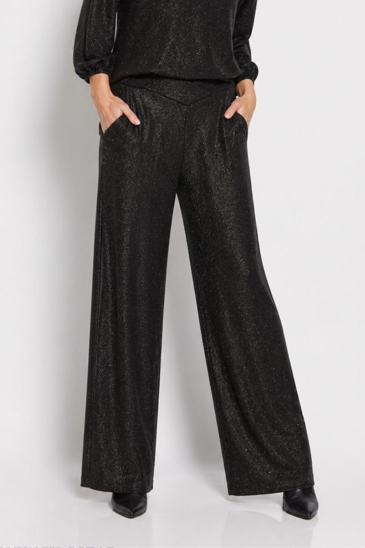 Woman wearing Zero Pant in Black Lurex by Philosophy Australia closeup