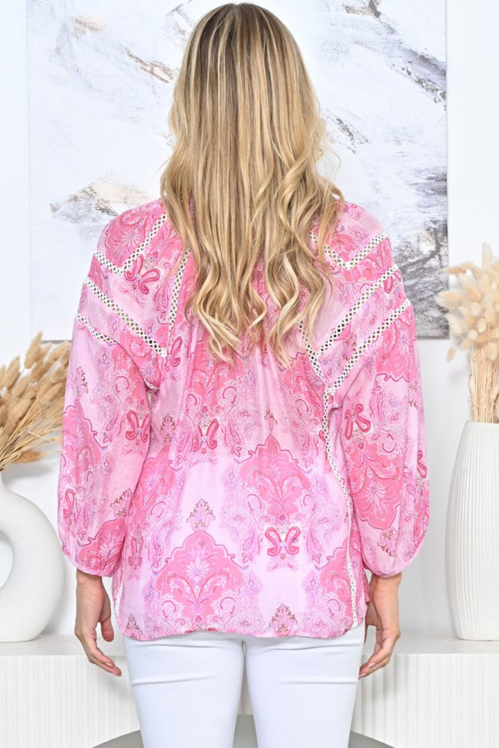 Weekends The Aimee Blouse in Pink print with Stunning detail in 8 / Pink