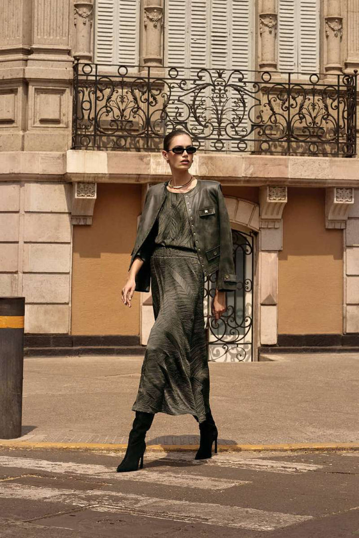 Joseph Ribkoff Pleated Satin Long Flared Skirt 253248 in 8 / Avocado