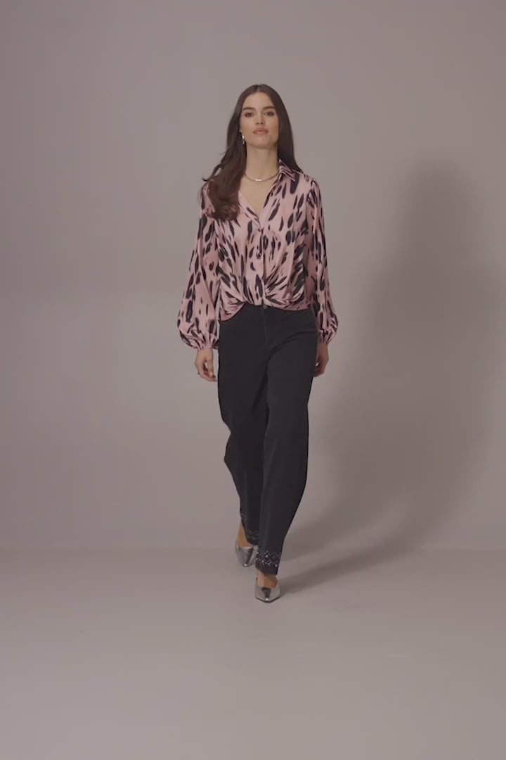 Recycled Satin Animal Print Draped Top in Pink Black 253059 by Joseph Ribkoff