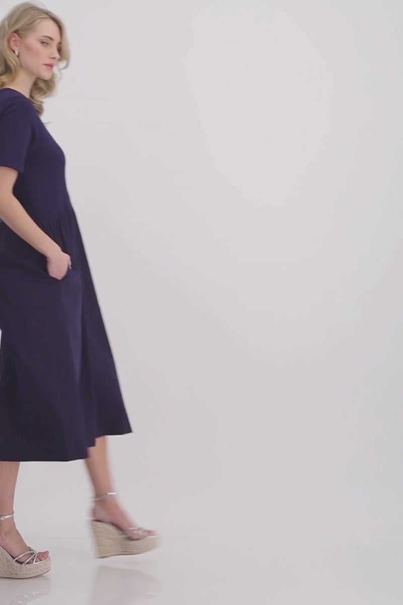 Mixed-Fabric Maxi Dress in Navy by Monari