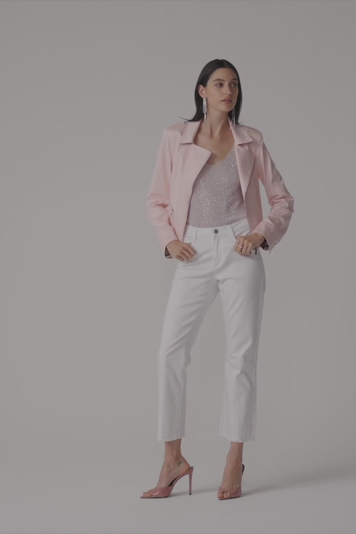 Video of woman wearing Joseph Ribkoff 252915S26 Metallic Knitted Camisole with Rhinestones in Petal Pink with Joseph Ribkoff straight leg jean in white