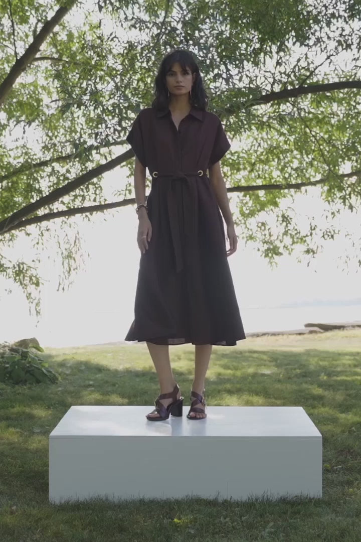Video of woman wearing Joseph Ribkoff 262907 Linen Blend Fit and Flare Shirt Dress in Mahogany